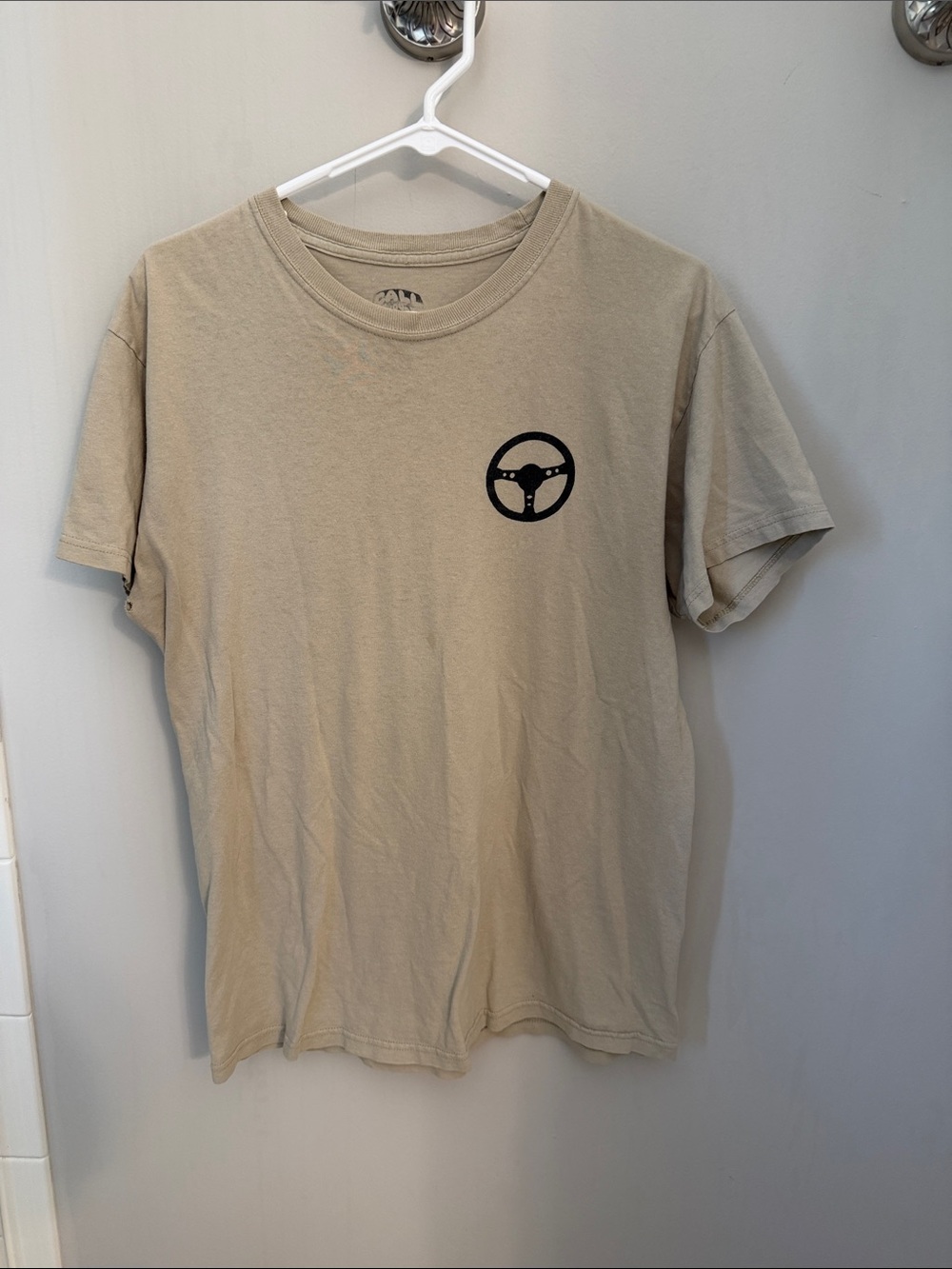 Classic Beige Short Sleeve Tee with Steering Wheel Chest Graphic